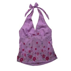 Overdrive Y2K Purple Floral Cotton Halter Top M Fairycore Boho